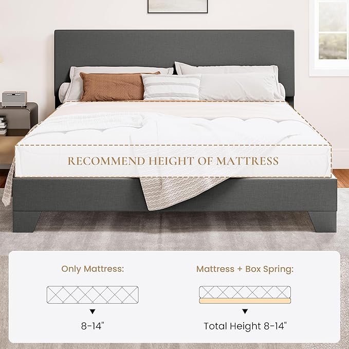 SHA CERLIN Full Size Platform Bed Frame with Clean Line Fabric & Adjustable Headboard, Wood Slats Support, No Box Spring Needed, Easy Assembly, Dark Grey
