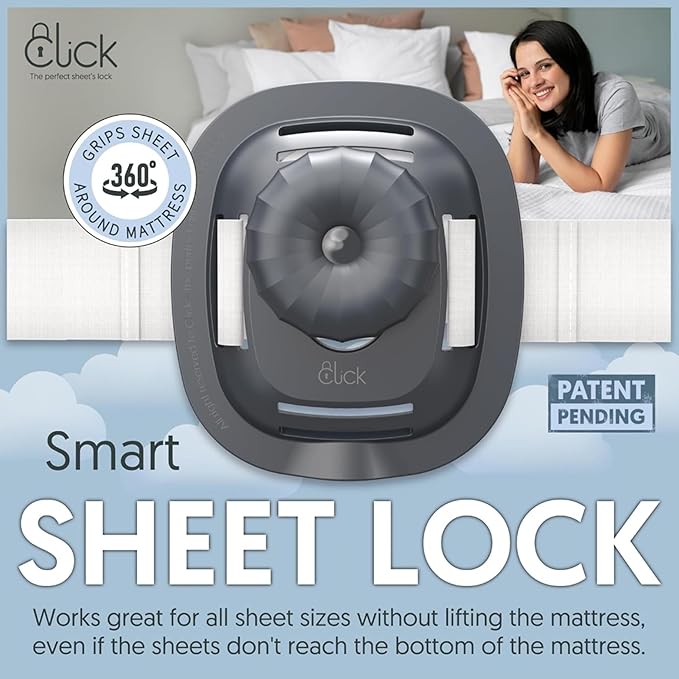 Click Bed Sheet Holder - No Lift Mattress Sheet Clips & Strap for Queen King Size Beds, Sheet Keepers to Keep Sheets on Bed, Heavy Duty Bedsheet Lock Fasteners to Hold Sheets in Place Firm & Tight