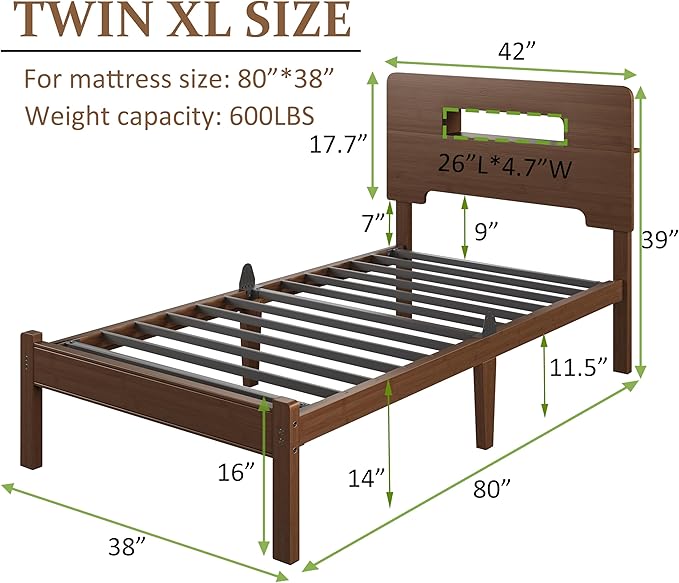 ZIYOO Walnut Finish Bamboo Bed Frame Twin XL 14” Height, Sturdy Mattress Foundation with Bamboo Exterior & Reinforced Metal Slats, Easy Assembly Bedroom Furniture