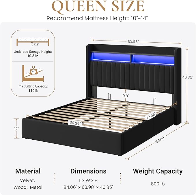 SHA CERLIN Queen Size Lift Up Storage Bed Frame/LED Lights/Charging Station/2-Tier Shelves Headboard/USB,Type-C Ports/Velvet Upholstered/Hydraulic Support/No Box Spring Needed/Noise Free/Black