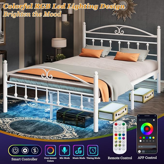 Queen Bed Frame with Charging Station,White Metal Platform Bed Frame Queen Size with LED Lights,Heavy Duty Metal Steel Slats Support,Noise Free,Easy to Assemble,12 Inch