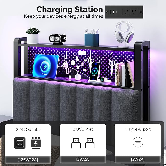 VINGLI Twin or Twin XL Size Headboard, Adjustable Upholstered Headboard with 2 Tier Shelves and Pegboard with Charging Stations and LED Lights, Modern Bed Headboard with Storage for Bedroom Decor