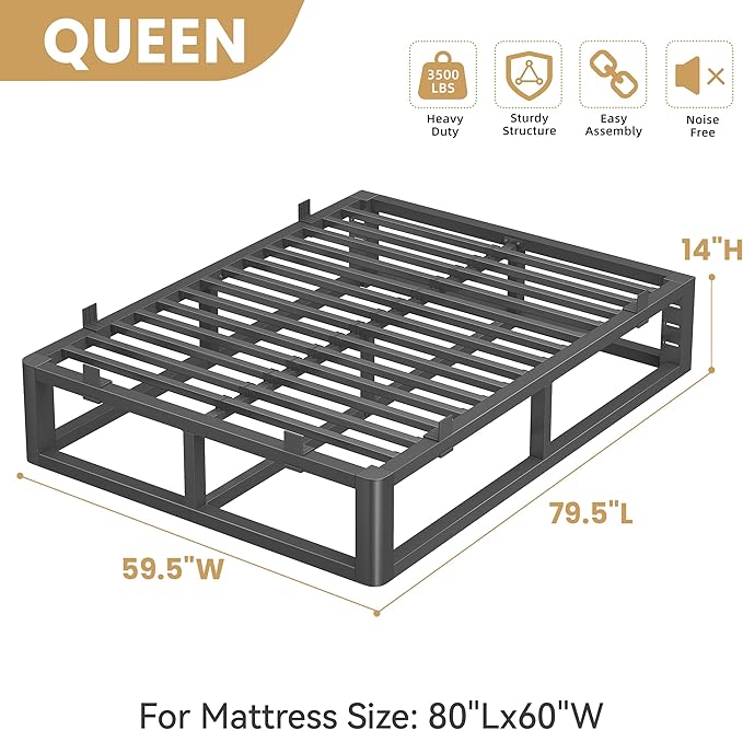 14 Inch Queen Bed Frame with Rounded Corner and Headboard Hole, Metal Platform Bed Frames 6 Non-Slip Guards, 3500lbs Heavy Duty Steel Slat Support, Squeak Free, No Box Spring Needed, Black