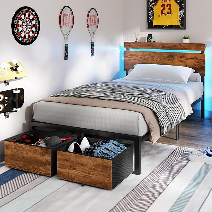 Forestell Twin Bed Frames with Wood Headboard, Metal Platform Bed with 2 Storage Drawers & Shelf, Built in Charging Station & LED Lights, No Box Spring Needed, Vintage Brown, Camas Twin Size