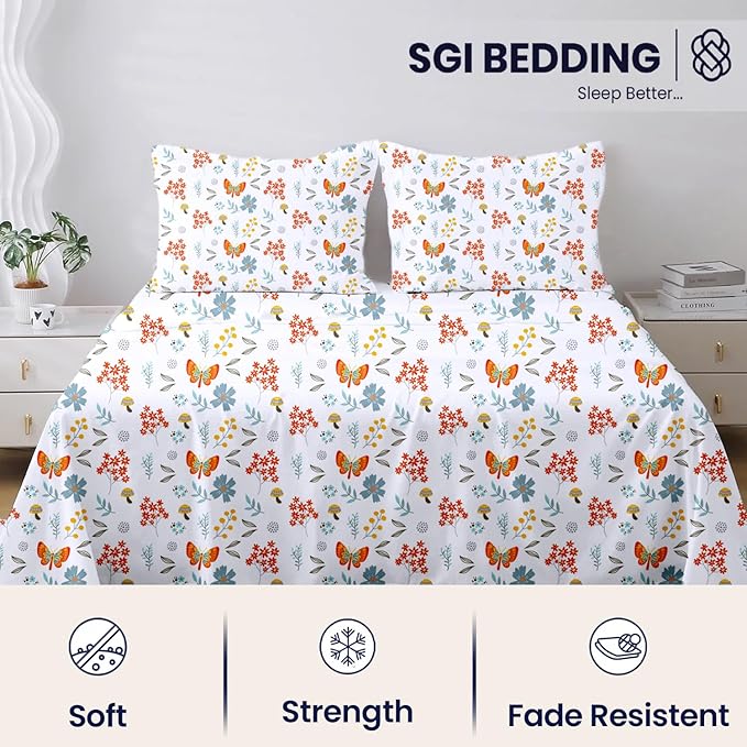 SGI bedding 100% Egyptian Cotton Sheets Full XL Size – 600 Thread Count Sheets Set, Soft, Cooling, 15" Deep Pocket, Luxury Hotel Bedding, Breathable, Durable - Butterfly Garden