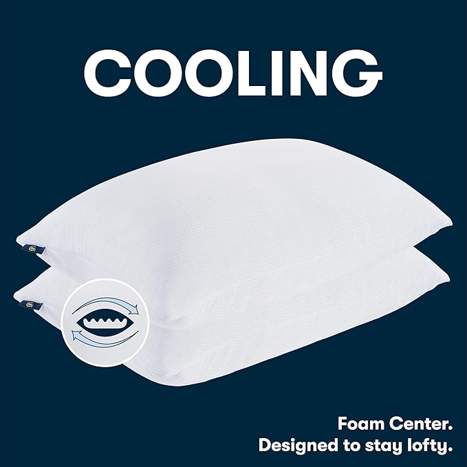 Serta Won't Go Flat Standard/Queen Size Set of 2 Down Alternative Cooling Bed Pillows, Extra Life Foam Core with Medium Support, Perfect for Back, Stomach or Side Sleepers, White
