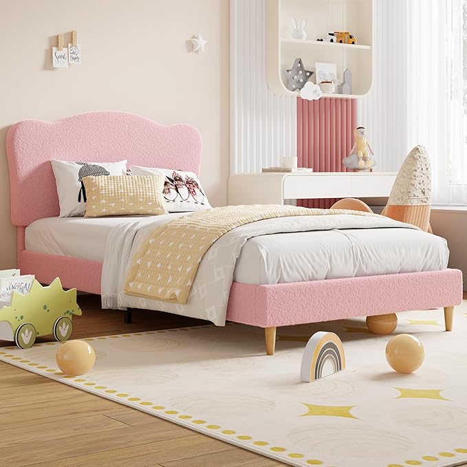 GarveeHome Upholstered Full Size Bed Frame for Kids with Scallop Headboard, Cute Velvet Full Bed for Girls, Boys, Sturdy Platform Bed, No Box Spring Needed, Wooden Slats, Noise Free, Pink