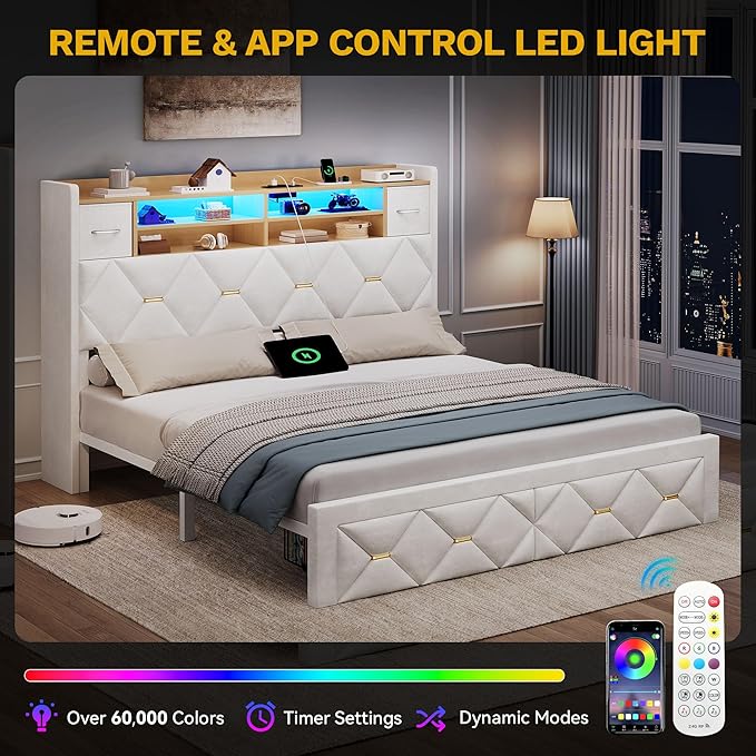 YITAHOME Queen Size Bed Frame with 2 Storage Drawers and Storage Headboard, Upholstered Platform with Charging Station and LED Light, No Box Spring Needed, Noise Free, Easy Assembly, Velvet White