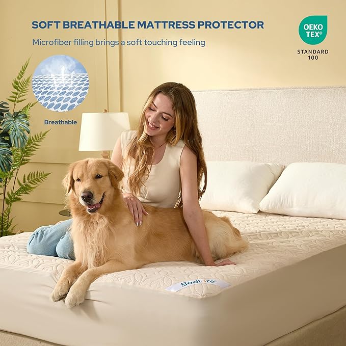 BEDLORE Waterproof Mattress Protector, Twin XL Size Mattress Pad with Deep Pocket 6"-15" Depth, Soft Breathable Bed Mattress Cover for Bedroom, College Dorm (Beige)