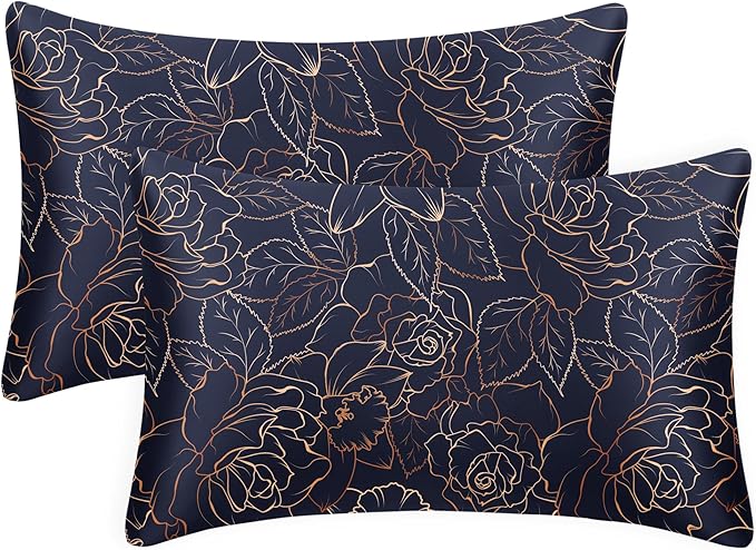 EXQ Home Satin Pillowcase for Hair and Skin Queen - Printed Blue Rose Silk Pillowcase 2 Pack 20x30 inches - Satin Pillow Cases Set of 2 with Envelope Closure, Gifts for Women Men