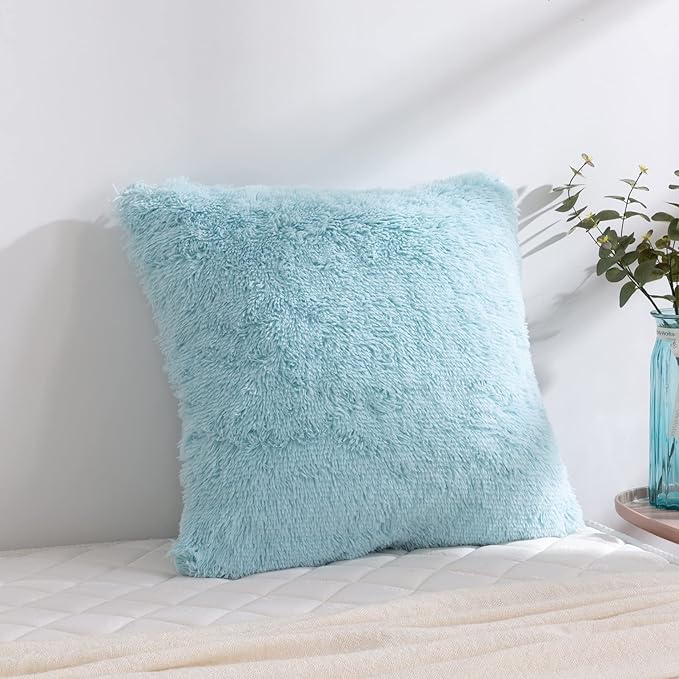 Reafort Luxury Long Hair, PV Fur, Faux Fur Euro Sham Pillow Cover/Case 26"x26" with Zipper Closure (26"x26" Euro Sham, Aqua)