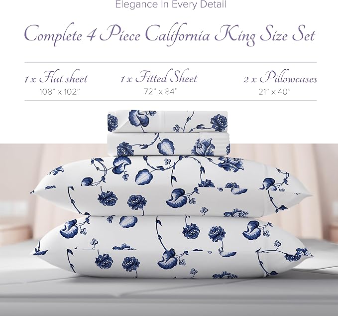 Carressa Linen California King Egyptian Cotton Sheet Sets - 600 Series Hydrangeas Printed Cal King Cotton Sheet Set (4 PC, Floral Blue),16" Deep Pocket Sateen Weave Luxury Hotel Bed Sheets