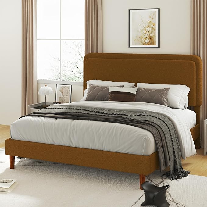 King Size Boucle Platform Bed Frame with Adjustable Headboard, Upholstered Cloud Bed, Solid Wooden Legs, No Box Spring Needed, Easy Assembly, Brown
