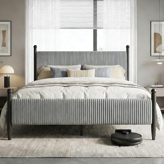 Garvee Queen Size Upholstered Bed Frame - with Velvet Headboard, Soft Corduroy Fabric Platform with Wooden Slats Support & Heavy Duty Feet, No Box Spring Needed, Noise Free, Easy Assembly, Grey