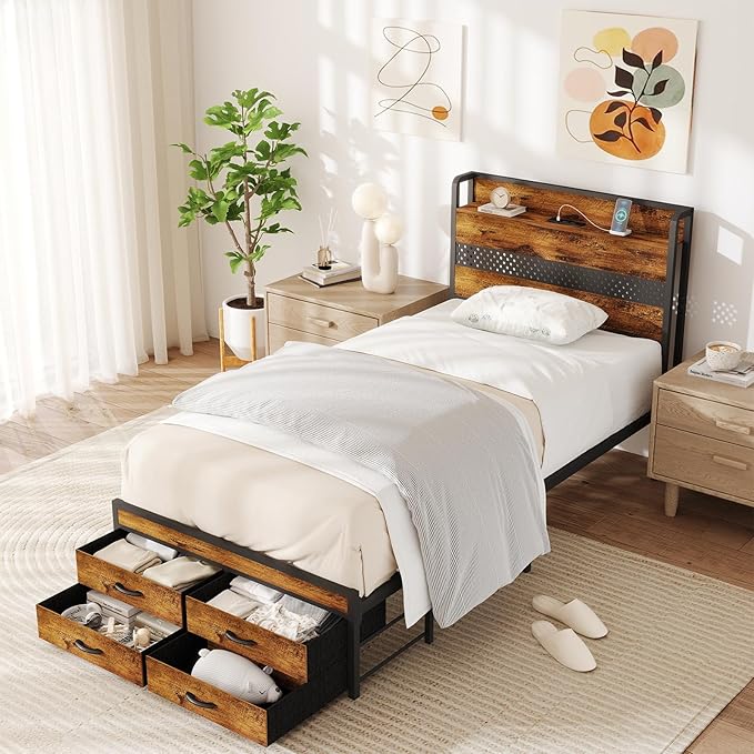 Zevemomo Twin Bed Frame with Storage Drawers, Twin Metal Bed Frame with LED Light and Charging Station, Heavy Duty Metal Slats, No Box Spring Needed, Rustic Brown