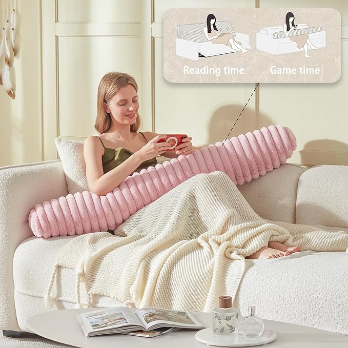 Headboard Pillow + A Long Neck Roll Pillow Body Pillow，Faux Fur Headboard Wedge Pillow with Removable Cover (Pink, Queen：59x8x20 inches)