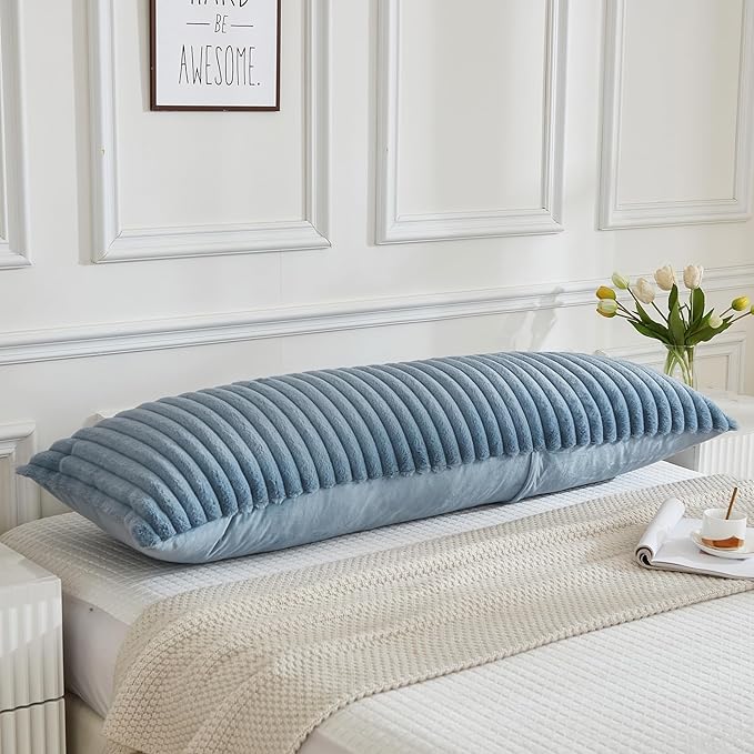 JAUXIO Faux Fur Fluffy Body Pillow Cover Luxury Textured Vertical Stripe Plush Decorative Body Pillowcase, Ultra Soft and Cozy Zipper Closure 21 x 54 Inches, Dusty Blue