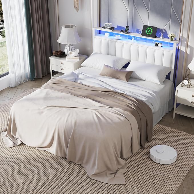 Furnulem White Queen Bed Frame with Charging Station & Led Lights, PU Leather Upholstered Headboard with 2-Tier Storage Shelves, No Box Spring Needed, Metal Slat Support, Easy Assembly