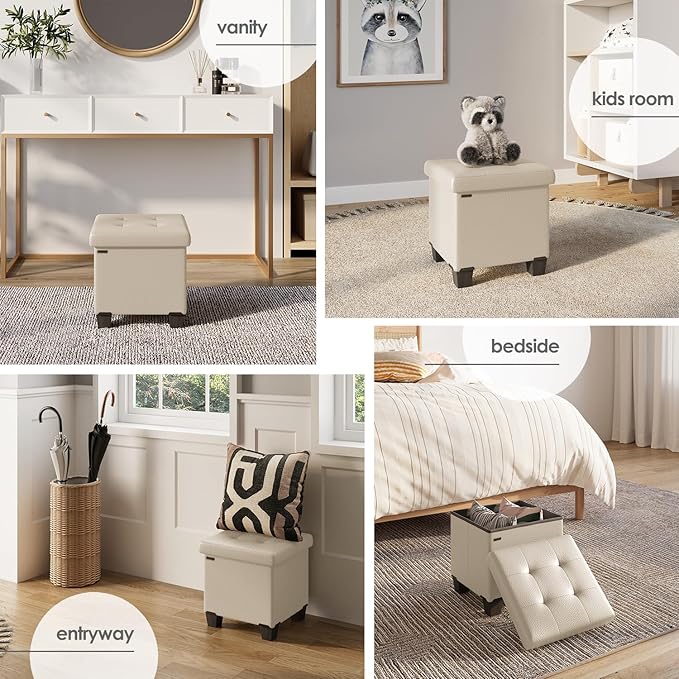 Storage Ottoman Cube with Small Bin, 15-in Square Ottoman with Storage for Living Room and Bedroom, Small Ottomans Foot Rest, Leather Foot Stools Ottomans Max 330lbs, Beige