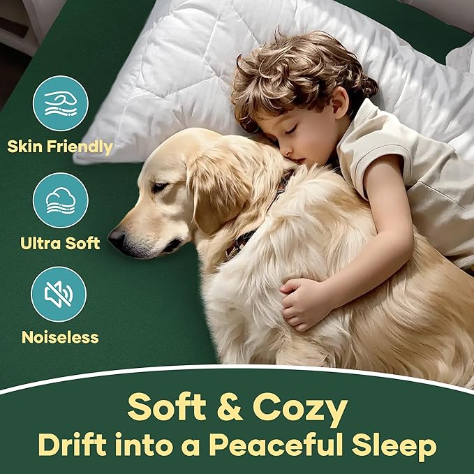 OhGeni 100% Waterproof Mattress Protector, Queen Size Green, Fitted Sheet with Deep Pockets, 6''-18'', Premium Noiseless Breathable Soft Material, Mattresses Cover for Bed