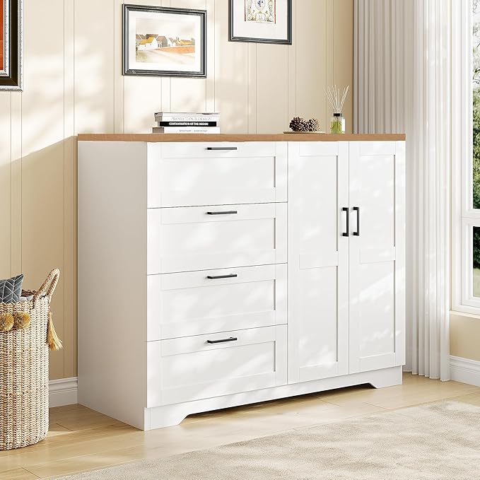GarveeHome Multifunctional Wooden Dresser for Bedroom, 43.3 in H 2 Door Wardrobe Armoire Closet with 4 Drawers and Hanging Rod, Low Storage Cabinet for Hanging Cloth, White