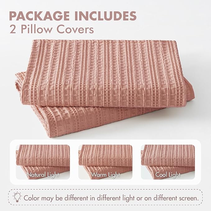 Set of 2 Decorative 100% Cotton Waffle Euro Sham Pillow Covers 26x26, Neutral Throw Pillows Weave European Cushion Cases for Couch Sofa Bed Modern Farmhouse Home Decor Valentines Day, Pink
