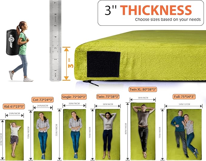 GAIALOOP 3 Inch Memory Foam Camping Mattress, Dual Layer Thick Sleeping Camp Pad for Car Tent Cot, Roll-Up Portable Glamping Floor Bed for Guests Sleepover