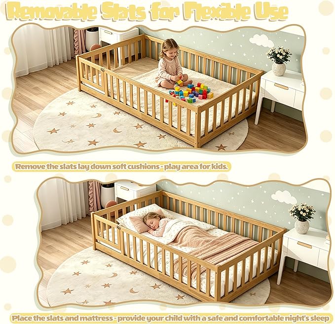 Bellemave Montessori Twin Floor Bed Frame with Fence and Removable Door, Low Profile Twin Size Montessori Bed Frame for Kids, Solid Wooden Floor Beds for Bedroom,Nursery, Natural