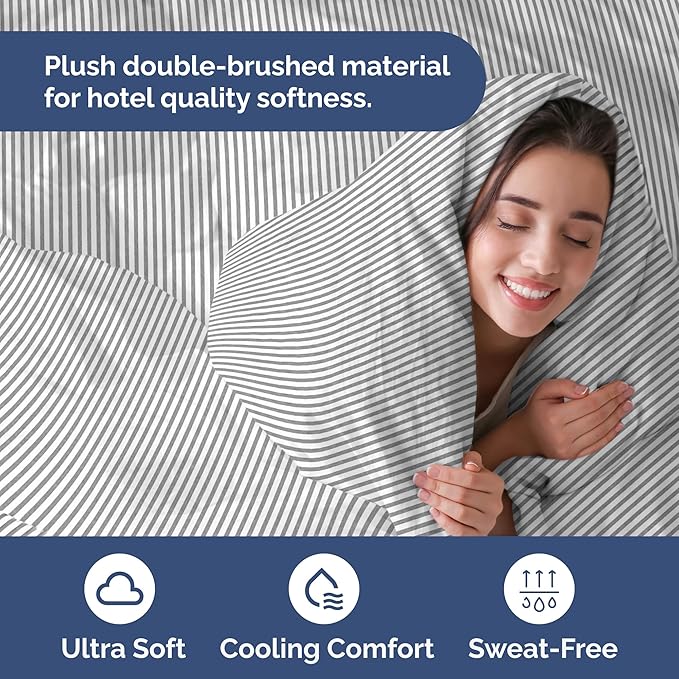 Duvet Cover King Size Set - Extra Soft King Duvet Cover 104" x 90" with 2 Pillow Shams - Hotel Luxury, Easy Care & Fade Free with Zipper Closures & Ties - All Season, Comfy & Breathable (Grey Stripes)