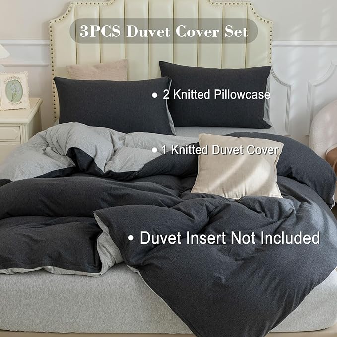 PURE ERA Jersey Knit Duvet Cover Set 100% T-Shirt Cotton Super Soft Comfy 3pc Bedding Set with Zipper Closure (Heather Charcoal Grey/Grey, Queen)