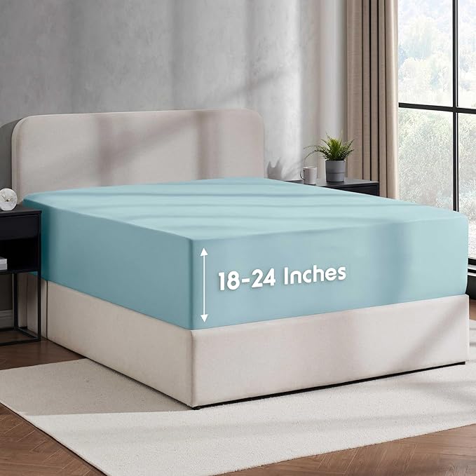Nestl 2 Pack Light Blue Fitted Sheet Extra Deep Pocket, Hotel Luxury QueenFitted Sheet Only Easily Fits 18 to 24 Inch Mattress, Super Soft, Wrinkle-Free and Breathable with Corner Straps