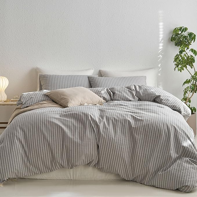 MooMee Striped Duvet Cover Set 100% Washed Cotton Linen Like Textured Breathable Durable Soft Comfy (Light Grey White Wide Stripes, Oversized Queen 98"x98")