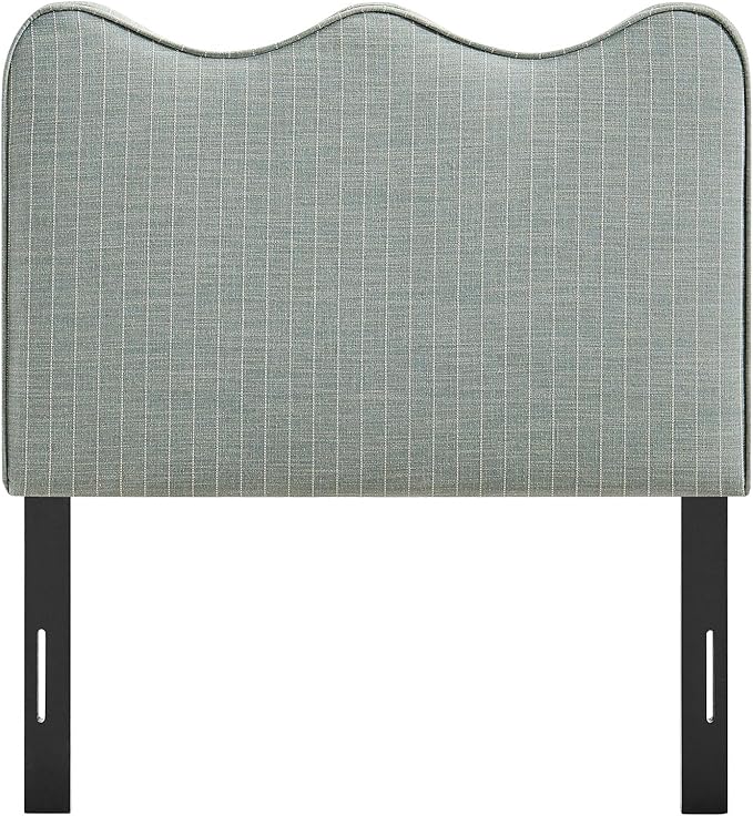 Monday Athena Striped Fabric Upholstered Twin Size Adjustable Headboard in Spa Blue Stripe - with Scalloped Wave Design and Soft Linen-Like Fabric