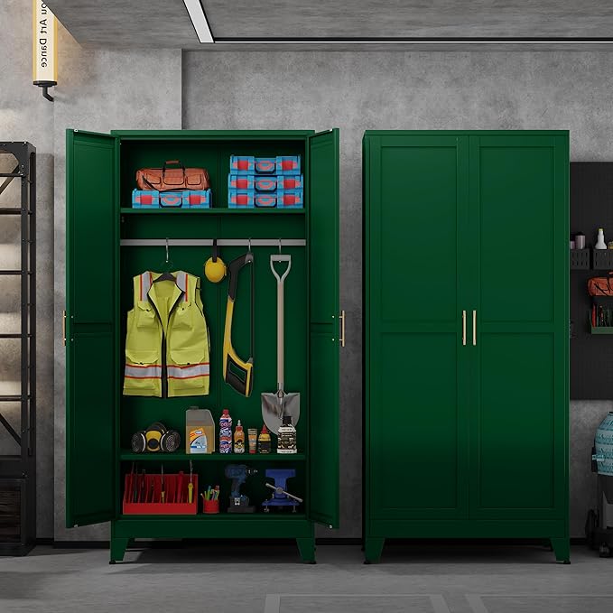Metal Armoire Wardrobe Closet with Hanging Rod, Clothing Storage Cabinet with Adjustable Shelves for Laundry Room, Bedroom, Home Office, Bathroom, 71" Green