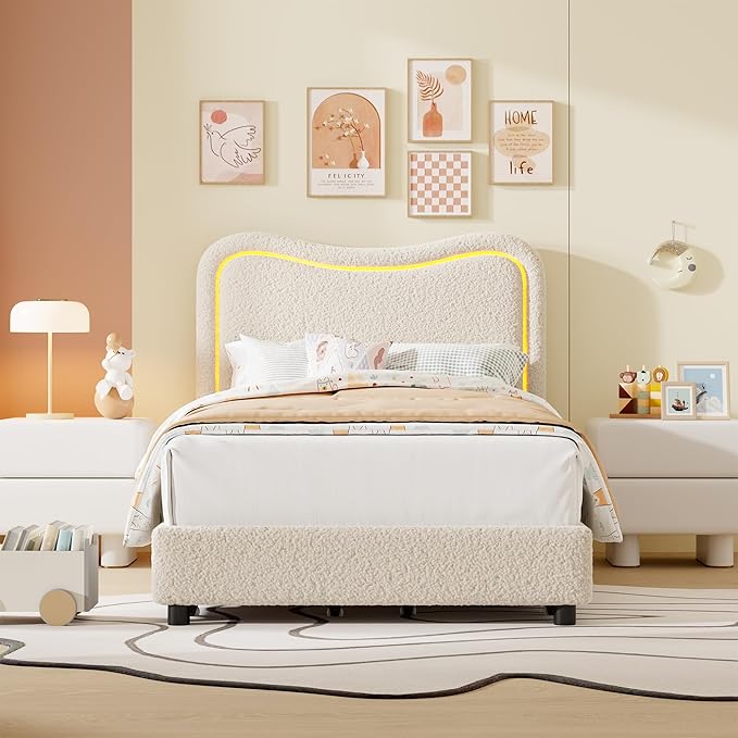 GarveeHome Upholstered LED Twin Bed Frames for Kids with 2 Drawers and Headboard, Cute Twin Bed with Storage for Girls, Boys, Sturdy Platform Bed, No Box Spring Needed, Wooden Slats, Noise Free, Beige