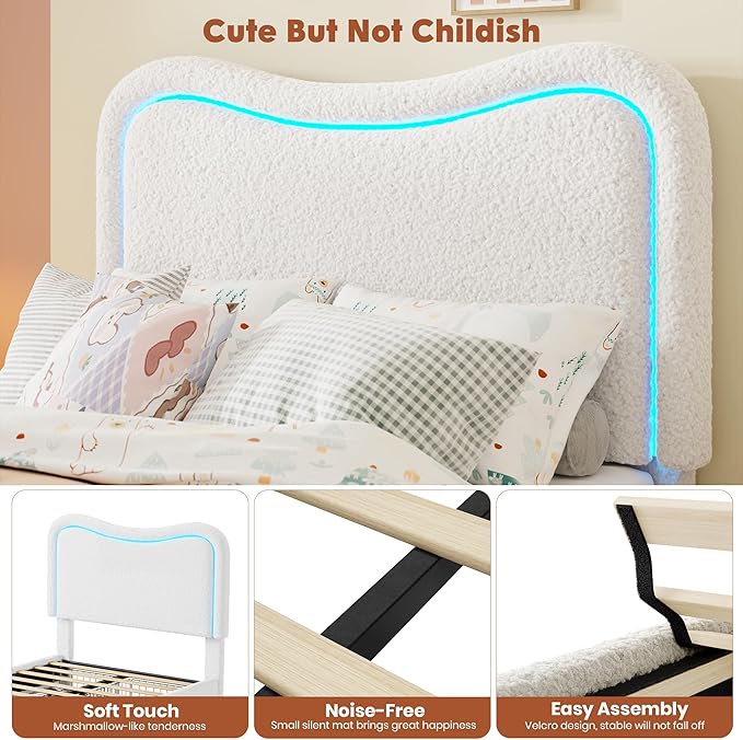 GarveeHome Upholstered LED Twin Bed Frames for Kids with 2 Drawers and Headboard, Cute Twin Bed with Storage for Girls, Boys, Sturdy Platform Bed, No Box Spring Needed, Wooden Slats, Noise, White
