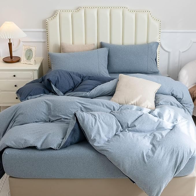 PURE ERA Jersey Knit Duvet Cover Set 100% T-Shirt Cotton Super Soft Comfy 3pc Bedding Set with Zipper Closure (Solid Navy/Blueish Grey, Queen)