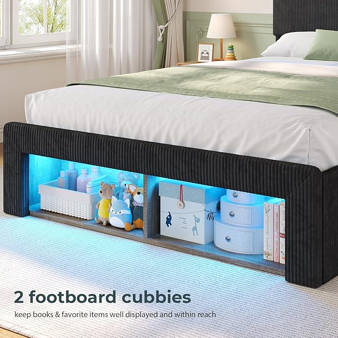 ADORNEVE Twin Bed Frames with 4 Storage Drawers, 2 Footboard Cubbies and RGB Lights, Corduroy Upholstered Platform Bed with Charging Station and Storage Headboard, No Box Spring Needed, Black