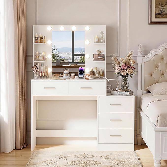 YESHOMY Makeup Vanity Desk with Mirror & Lights, Vanity Table with 5 Drawer, 6 Shelves, Charging Station for Bedroom, Dressing Room, Milk White