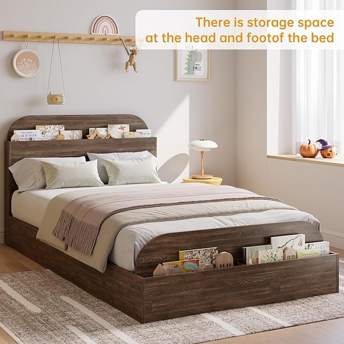 Garvee Twin Size Bed Frame with Storage Headboard and Raised Footboard – Wooden Twin-Floor Low Platform Bed for Kids, Heavy Duty & Noise Free, No Box Spring Needed, Walnut