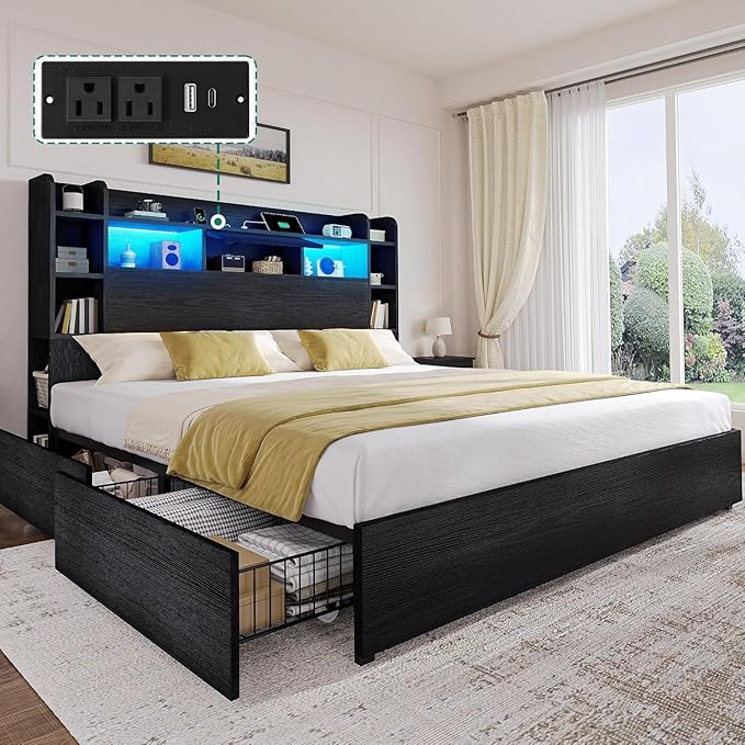 DWVO Queen Size Bed Frame with Bookcase Headboard and 4 Storage Drawers, RGB LED Bed Frame with Type-C & USB Charging Station Storage Headboard Bed, No Box Spring Needed, Noise Free, Black