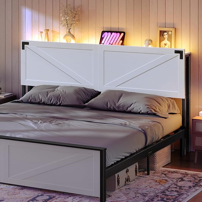 MAHANCRIS King Size Headboard Only, Headboard with 2 Outlets and 2 USB Ports, Farmhouse Headboard, with LED Lights, Secure Storage with Raised Fence, with Bed Frame Adapter, White and Black