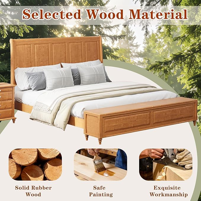 KEIKI King Size Bed Frame with Storage Bench, Solid Wood Sleigh Bed with High Headboard and 64" Storage Chest, Rubberwood Platform Bed, No Box Spring Required, Natural