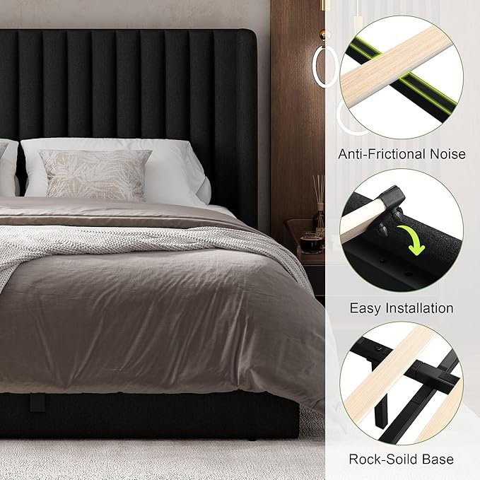 Feonase Full Size Lift Up Storage Bed Frame, Linen Upholstered Platform Bed with Wingback Headboard, Hydraulic Storage, No Box Spring Needed, Black