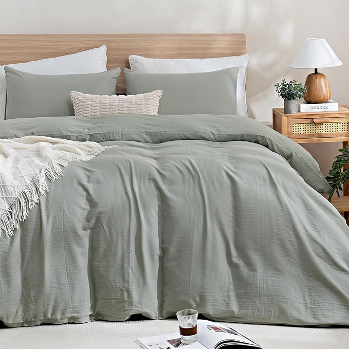 TOCOMOA Muslin Duvet Cover 100% Cotton Like Linen Texture Breathable Soft Comfy 3-Piece Sage Green Comforter Cover Bedding Set (King 104"x90", Comforter Not Included)
