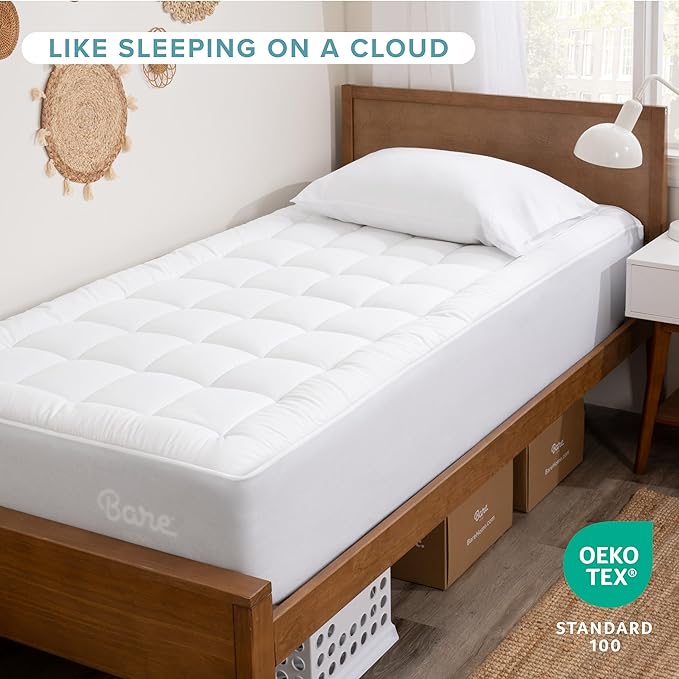 Bare Home Twin XL Mattress Topper Cotton Top - Twin Extra Long - Soft Plush Topper for Mattress - College Dorm Room Essentials - Cooling Breathable Air Flow - 8" to 21" Deep Pocket (Twin XL, White)