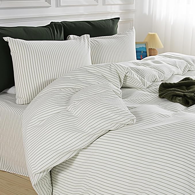 NEXHOME PRO Striped Duvet Cover Twin Size,100% Washed Cotton Bedding Set,Textured Linen Feel,Breathable,Organic,2 Piece(Green Stripes 68x90)