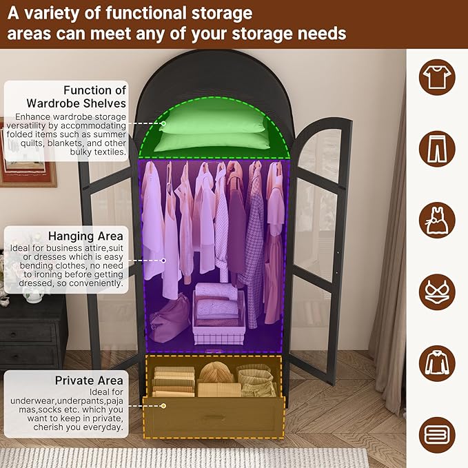 chartustriable 2 Doors Arched Armoire Wardrobe Closet w/Drawers,LED Light,Wooden Closet Wardrobe Cabinet with Hanging Rod for Bedroom,Modern Armoire Storage Cabinet w/Shelf,Black