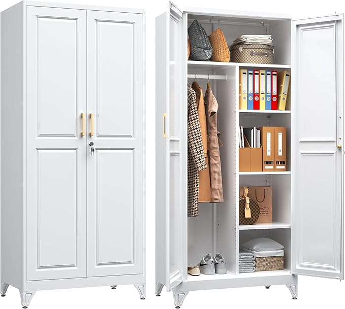SteeLoong Metal Wardrobe Closet,71" H Wardrobe Cabinet with Locking Doors,White Clothing Storage Cabinets with Hanging Rod and 3 Adjustable Shelves,Armoire Wardrobe Closet for Home Office,School,Gym