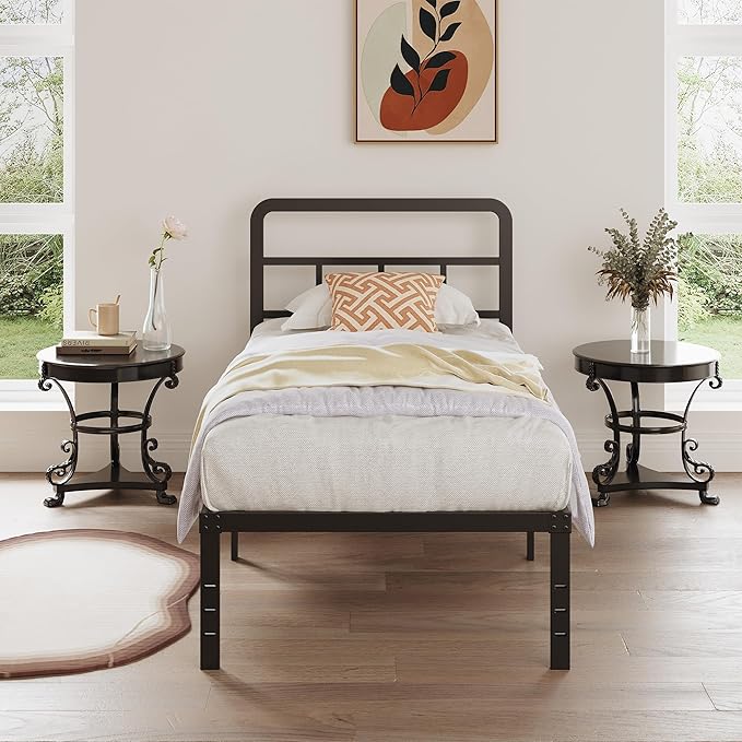 DiaOutro 16 Inch Twin XL Bed Frame with Headboard No Box Spring Needed Metal Platform Heavy Duty Steel Slat Mattress Foundation/Easy Assembly/No Noise/Black